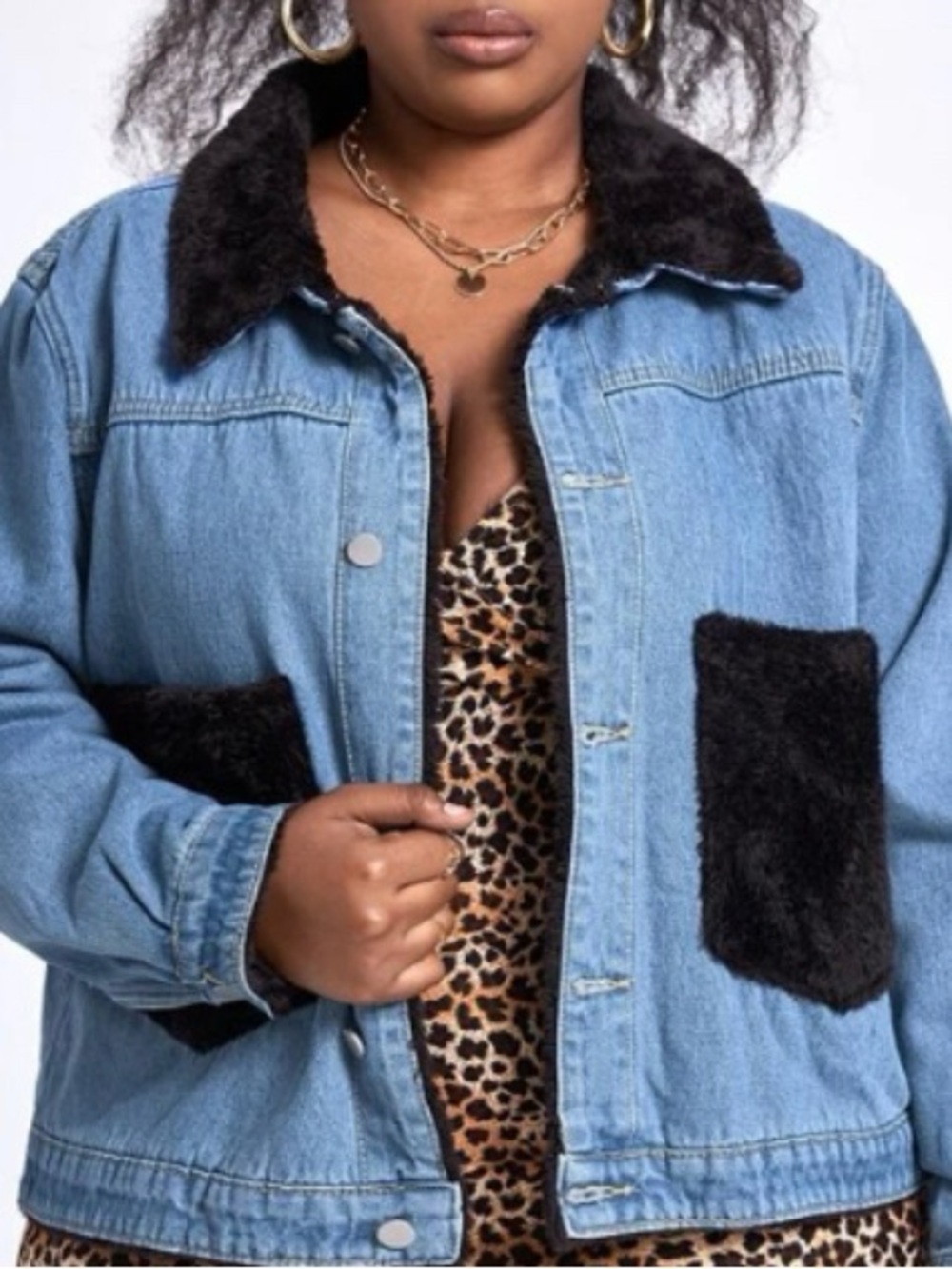 XL SHEIN Light Blue Denim Jacket with Black Faux Fur Trim